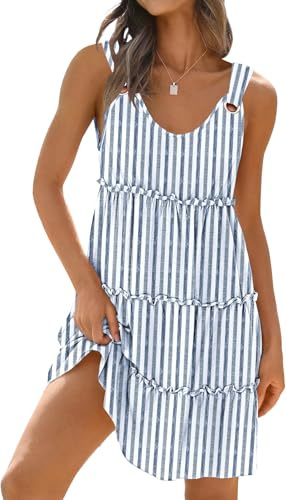 ETCYY Sundresses for Women 2026 Vacation Swimsuit Cover Ups Boho Floral Beach Dress T-Shirts Tank Dresses,Striped Navy,Large