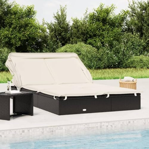 IKAYAA Doppelliege Outdoor 2 Personen Doppel Gartenliege mit Sonnendach Rattan Sonnenliege Sonnenbett Loungebett Gartenbett mit Auflage Liege Outdoor Rattanliege Liegestuhl Garten Schwarz und Weiß