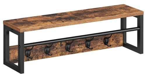 HOOBRO Garderobenhaken, Garderobenleiste mit Ablagefläche, Wandgarderobe, Flurgarderobe mit Kleiderstange, Wandregal, 5 Haken für Regenschirm, Hut, Flur, Wohn-, Retro-Braun und Schwarz EBF78YM01