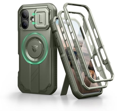 Dexnor per Magnetica Cover iPhone 17 con Fotocamera Copertura Scorrevole & Supporto Regolabile & Protezione Schermo Integrata, Resistente Robuste Protezione Custodie - Verde Militare