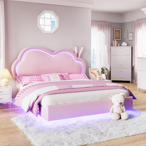 LUXOAK Lit pour enfant 140 x 200 cm avec LED – Lit flottant pour adolescent avec tête de lit nuage, tête de lit réglable, cadre de lit blanc pour chambre de fille, cadre en métal stable, rose