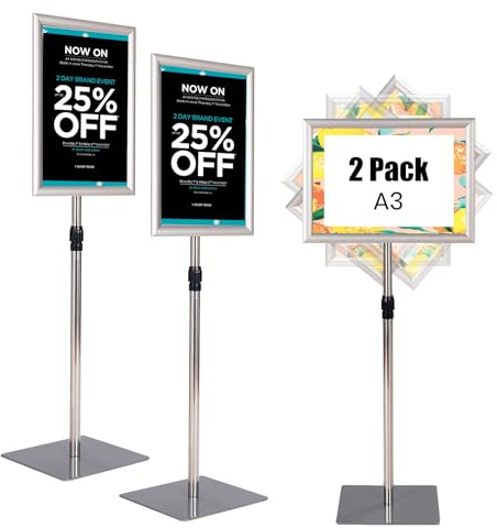 COSTWAY Porte Affiche sur Pied A3 Lot de 2, Présentoir sur Pied Rotation 360 Degrés, Hauteur Réglable 78,5-123 cm, Cadre en Alliage d'Alu, Tube en Acier INOX, Support Affichage A3 (Argent x 2, A3)