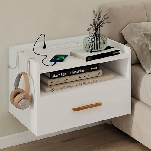 YOURLITE Floating Nightstand, Wall Mounted Bedside Table with Drawer and Open Shelf, Small End Table with Charging Station and Hanging Hooks for Bedroom, White