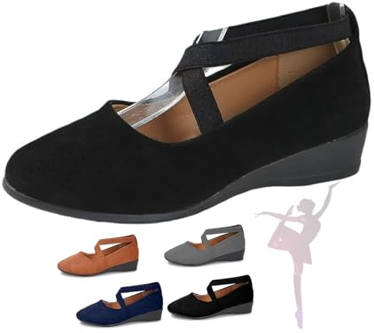 Hxprnoetxy Zapatos planos de ballet con correa elástica para mujer, elegantes mocasines de cuña baja, informales, cómodos, zapatos de vestir, bailarina de gamuza sin cordones, Black, 39.5 EU