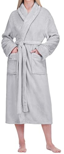 PAVILIA Soft Plush Women Fleece Robe, Light Grey Cozy Bathrobe, Female Long Spa Robe, Warm Housecoat, Satin Waffle Trim, L/XL