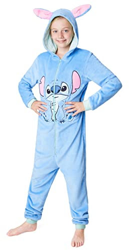 Disney Stitch Onesie Mädchen, Kuschelige Warm Einteiler Schlafanzug Kinder, Baby Yoda Geschenke für Mädchen Weihnachten (Blau Stitch, 9-10 Jahre)
