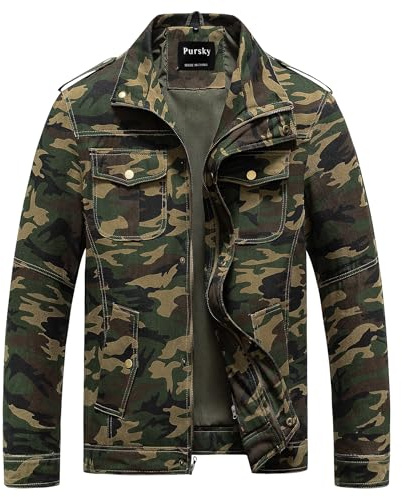 Pursky Men's Casual Military Field Jacket Slim Stand Collar Camo Camouflage Cotton Dress Work Jackets Camo M