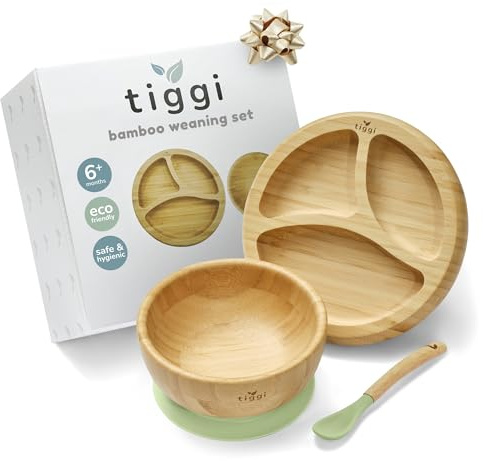 Bamboo Weaning Set by Tiggi, Complete with Baby Bowl and Suction Plate for Weaning, Baby Feeding Set, Kids Dinner Set, Toddler Plates and Bowls Sets (Soft Mint)
