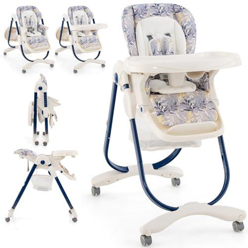 Maxmass Baby High Chair, Foldable Infant Highchair with Removable Tray, Lockable Wheels, Storage Bag, 5-Point Belt, Adjustable Height, Backrest & Footrest, Toddlers Dining Chair for 6-36 Months (Navy)