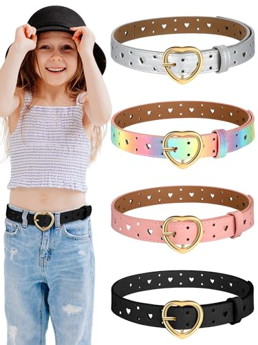 Newcotte 4 Pcs Girls Belt Size Aged 3-12 Kids PU Leather Waist Hollow Heart Design Kids Belts for Dress Pants Jean(Suit for Waist Size 18-22,Multicolor)