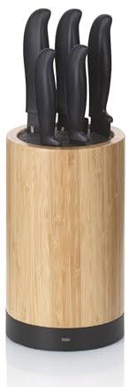 kela Acida - Blocco portacoltelli con set di coltelli, 5 coltelli, in legno di bambù, con inserto in setola, Ø 13 cm, colore: Nero