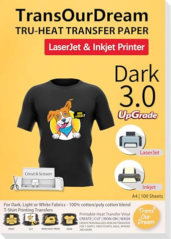 TransOurDream Dark Transfer Paper 100 Sheets A4 for Inkjet&Laser | Upgraded 3.0 Iron on Heat Transfer Paper for Dark Fabric Transfers for Black T-Shirts Printable Vinyl (Trans-03-100)