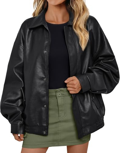 AUTOMET Women's Oversized Leather Jackets Faux Suede 2025 Fall Zip Up Motorcycle Coats Blazer Jackets for Women Outfits, Black, Small