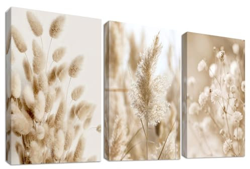 3 Pcs Marco de Madera Cuadro Moderno Hierba de la Pampa Beige Salvia Floral Lienzo Decorativos Pintura Imagen Boho Flores Botánicas Cuadros Decoracion Salon Dormitorios Baño Pasillo 30cmx40cmx3