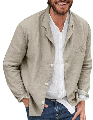 SAUTRV Herr linnejackor avslappnad, vardaglig kostym blazer jacka lös passform resa blazers tre knappar enfärgad kostymjacka klassisk passform kontor affärer lätt kappa bomull blazer jackor, Khaki, XL