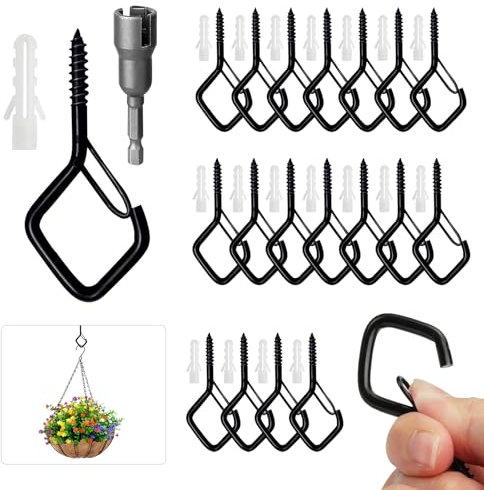 Lot de 18 Crochet à Visser en Acier Inoxydable avec Loquet de Sécurité et Tourne-écrou à Ailettes, Noir pour Mangeoires à Oiseaux, Lanternes et Tasse