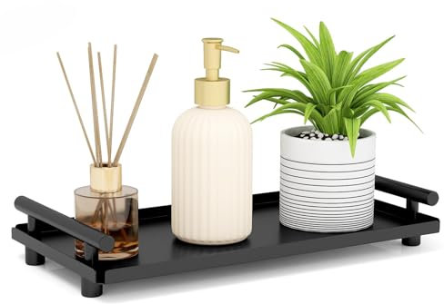 BETHOM Bathroom Tray, Metal Black Decorative Vanity Tray with Handle, Rectangle Countertop Organizer Small Storage for Cosmetic Perfume Jewelry Soap Candle Plant Tissue