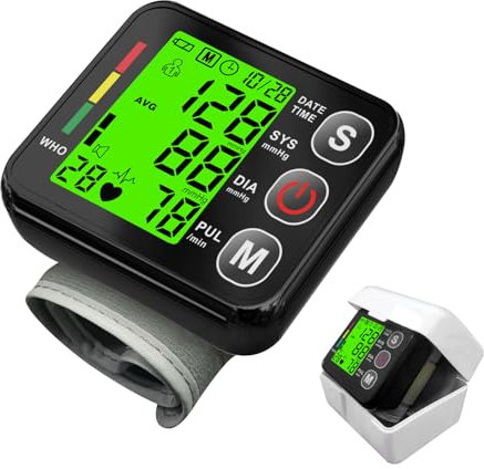 Misuratore di pressione da polso,Misuratore Pressione LCD Digitale ，Automatico di Pressione Sanguigna del Polso del Monitor di Battimento di Cuore Frequenza del Braccio Meter Pulsometro (nero)