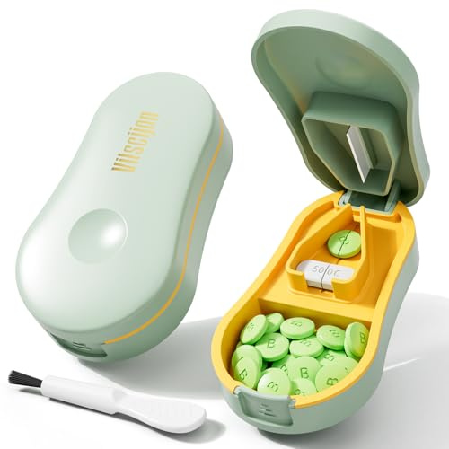 Pill Cutter for Small and Tiny Pills - Pill Splitter with Detachable Silicone Pad - Easy Open Snap Button. Wrap-Around Blade Guard Prevents Cuts. Back Storage (Green)