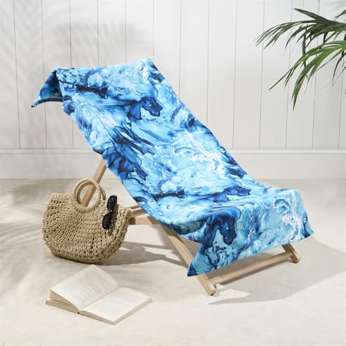 Dreamscene Large Beach Towel Marble Print, Soft Quick-Dry Lightweight Microfibre Beach Towels for Adults Kids Swim Towels Travel Summer Holiday Essentials, Teal Blue - 71 x 152cm