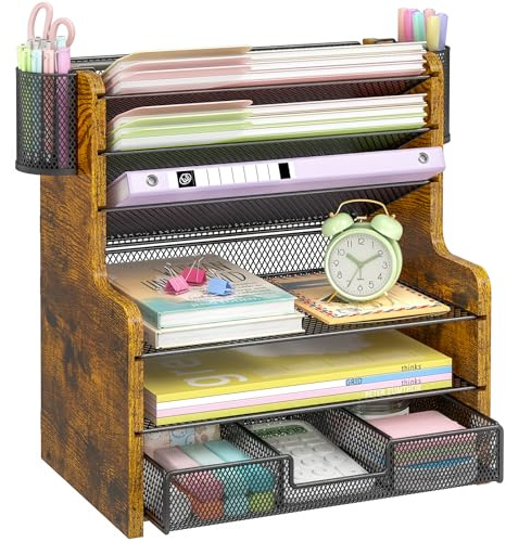 DAOUTIME 6-Tier Mesh Desk Organizer with Drawer, Wooden Office Organizer for Papers, Folders & Office Supplies - Sturdy Desktop File Holder with 2 Pen Holders - Space Saving Home Office Accessories