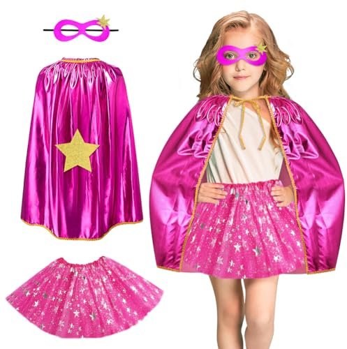 AUYAO Capes de Super Héros pour Filles, 3Pcs Cape et Masque de Super Héros avec Jupe Tutu, Masque Super Heros, Costumes de Super Habiller, Deguisement de Super Héros Enfant pour Halloween, Carnaval