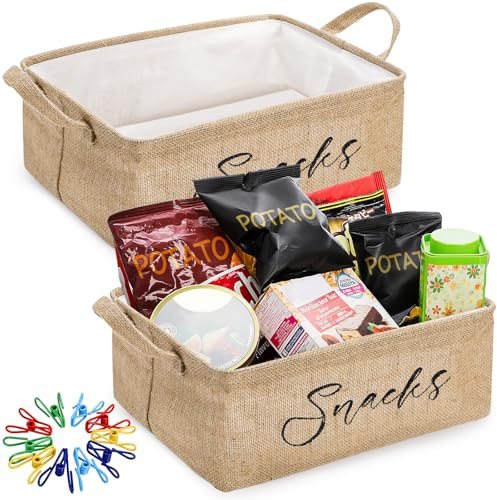 DEAYOU 2 Pack Snack Organizer for Pantry, Burlap Snack Storage Bins with 30 Pcs Bag Clips, Foldable Basket Containers with Handle for Countertop, Kitchen, Office, Chips, Popcorn, Candy, Pretzels