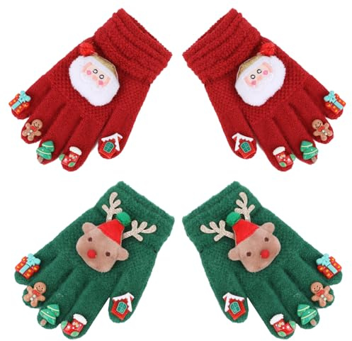 TAGVO Guantes de Punto de Invierno para Niños y Niñas, Cálidos y Elásticos con Dedos Completos y Dibujos Animados, Guantes de Lana para Esquí, Ciclismo y Correr, Rojo y Verde, Talla Única
