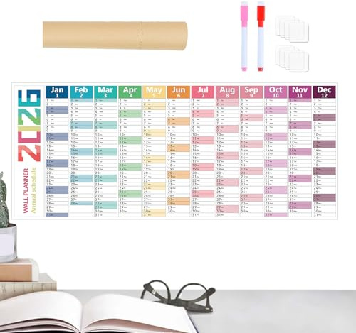 Calendario da parete cancellabile a secco 2026 - Strumento di pianificazione, grande agenda da 12, carta spessa | per casa, ufficio, biblioteca, pianificazione familiare, guida stud