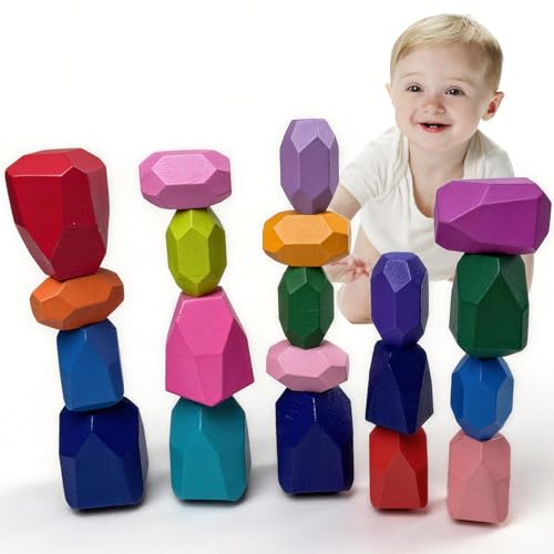 CHUANFU 20 Piezas Montessori Piedras Apilables de Madera, Coloridos Juguetes Apilables de Madera, Bloques de Construcción Maderas Juguetes Juego, Juguete de Motricidad Equilibrio Regalo para Infantil