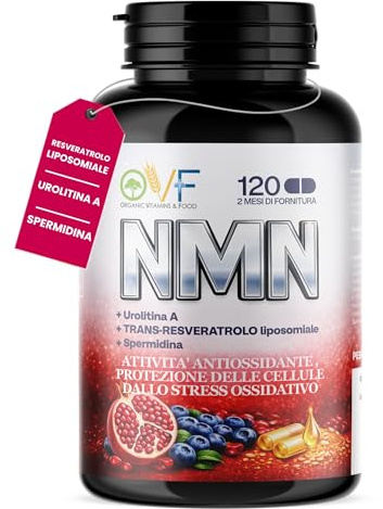 OVF NMN Integratore con Nicotinamide Riboside (NR) + Trans Resveratrolo + Vitamina B3 a Supporto della Naturale Produzione di NAD+ e UROLITINA A da Melograno, Mirtilli, per Energia e la Vitalità’