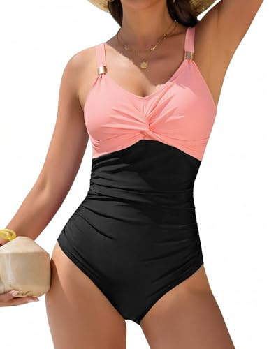 Vijamiy Bañadores Mujer Reductores Barriga Bañador Vientre Plano Push Up Traje De Baño Una Pieza Cuello En V Talla Grande Swimsuit con Metal Decorativo