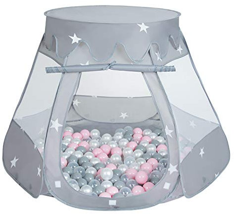 Selonis Baby Spielzelt Mit Plastikbällen Zelt 105X90cm/100 Bälle Plastikkugel Kinder, Grau:Perle-Grau-Transparent-Puderrosa