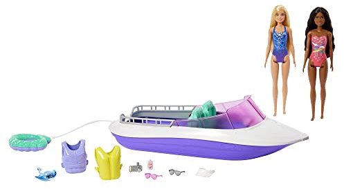 Barbie Mermaid Power Playset with 2 Barbie Dolls & 18-inch Floating Boat with See-Through Bottom, 4 Seats & Accessories, Toy for 3 Year Olds & Up, HJK58