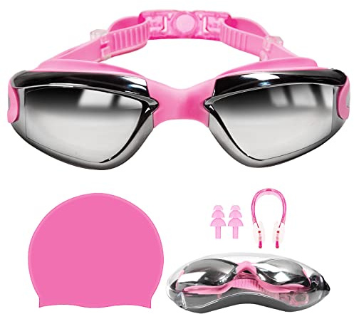 Global-Daily Set Nuoto Professional 5-in-1 – Occhialini Nuoto Anti-Appannamento e Protezione UV con Cuffia in Silicone, Tappi per Orecchie, Stringinaso e Custodia Rigida per Uomo, Donna e Ragazzi