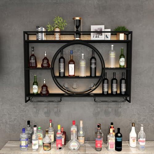 Wall Mounted Wine Rack, Modern Metal Wall Hanging Wine Racks, Wine Shelf with Glass Rack, Multifunctional Wine Racks Wall Mounted , Round Wine Holder Cabinet for Home Restaurant Bars (Black, 100cm)