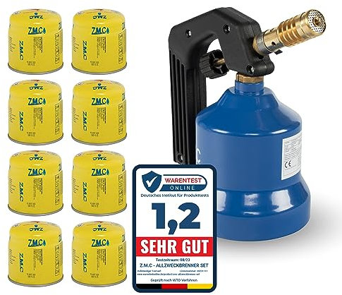 Z.M.C Quemador de gas de 2,2 kW + 8 cartuchos de gas de 190 g, soplete de flambeo, quemador Bunsen, quemador de cocina con llama ajustable, accesorio de quemador para camping, soplete de soldadura,
