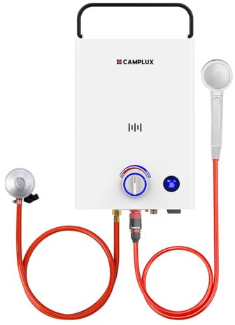 CAMPLUX First Gasdurchlauferhitzer 10 Liter mit 3-stufig Verstellbarem Griff, Butan (28-30 mbar)/ Propan (37 mbar), für Camping/Außendusche, F10