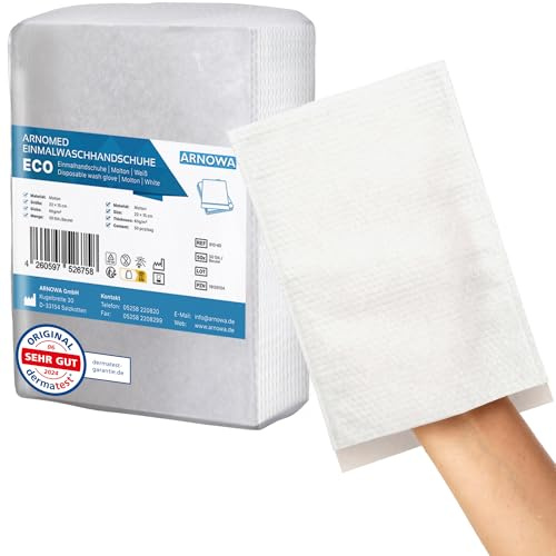 100 ARNOMED manoplas de baño desechables moletón, manoplas desechables secas para bebés, niños y adultos, toallitas desechables individuales 60g/m², blancas y suaves para la higiene personal