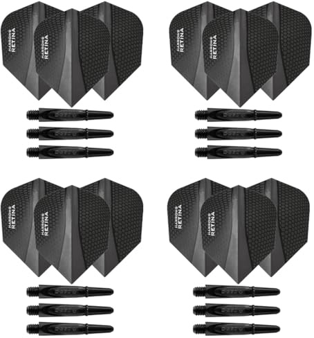 Harrows Lot de 4 jeux de tiges de fléchettes en carbone 360 et ailettes de fléchettes Retina – 12 tiges de fléchettes 12 ailettes au total – Moyennes et courtes (noir, court)