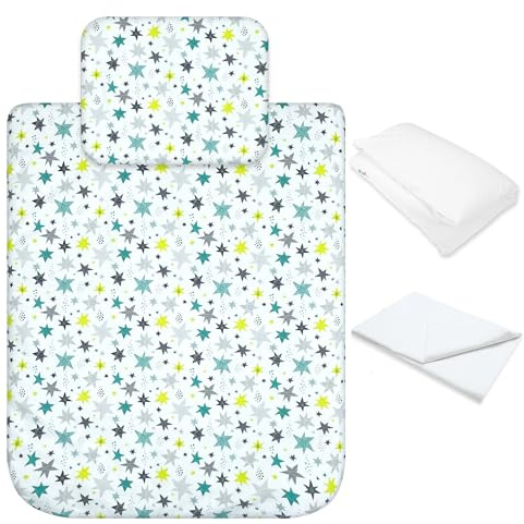 Babysanity Lenzuola Next To Me Compatibili 4 pezzi: Federa Cuscino, Piumino, Copripiumino, Lenzuolo Angoli per Culla Lettino Neonato - Chicco Kinderkraft Cam Brevi OEKO-TEX (Stars Verde)