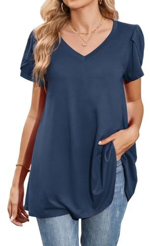 Enmain Tunique Femme Manche Courte Été Grande Taille Chemisier Femmes Chic et élégant à Blouses Col en V Tuniques Ample à Hauts Couleur Unie S-4XL