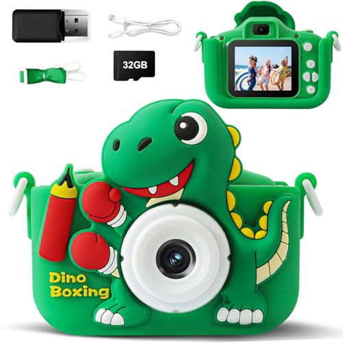 Kinderkamera, Dinosaurier Selfie Digital Kamera mit 32GB Karte, Weihnachts Geburtstagsgeschenk für Jungen und Mädchen, 1080P HD Kinder Kamera, Geschenke Spielzeug für 3 4 5 6 7 8 9 10 11 12 Jahre