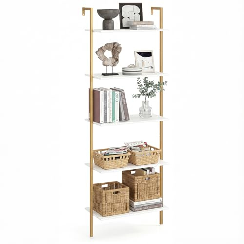 GIANTEX Libreria, scala a 5 livelli, scaffale con telaio in metallo, montaggio a parete, scaffale per libri, decorazioni, piante, soggiorno, balcone, ufficio (64 × 30 × 178 cm)