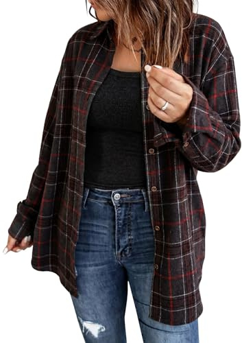 Fisoew Blusas a cuadros de manga larga para mujer Chaquetas casuales de manga larga