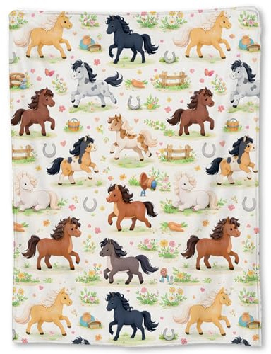 Ti Caldi Cute Horse Blanket Gifts, Flowers Horseshoes Flannel Throw Blanket for Couch, Bed, Travel & Home Decor, Cozy Lightweight Fuzzy Warm Adorable Pony Blankets for Women Girls Kids 60×50 in