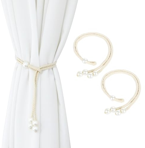 Dalababa 2 Pcs Curtain Tie Backs No Drill, Beige Boho Style | Adjustable Drapery Holdbacks, Hand-Knitted Cream Curtain Tie Backs Rope with Pearl for Home, Bedroom