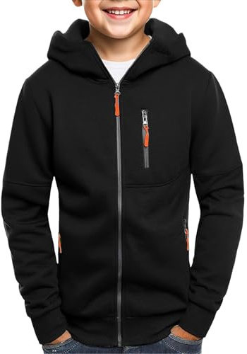 TYUSGH Sweat à capuche zippé pour garçons - Couleur unie - Avec poches - Veste de sport décontractée pour l'école - Vêtement de sport de printemps