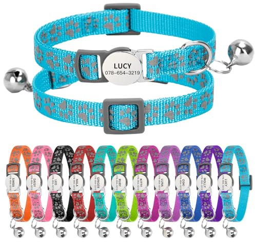 Personalised Reflective Cat Collar with Name Tag,Quick Release Kitten Collars with Bell Safety Buckle, Adjustable Nylon Cat Collar for Cats Kittens UK Prime (19–30 cm, Light Blue Paw)