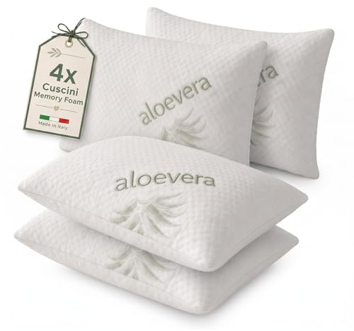 Materassi Russo Set da 4 Cuscini Memory Foam 40x70 cm, Altezza 18 cm, Guanciali Letto Modello Saponetta Medio Morbidi con Fodera Aloe Vera Sfoderabile, Made in Italy